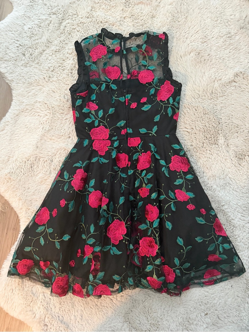 Girls Black Floral Embroidered Dress with Pink Roses